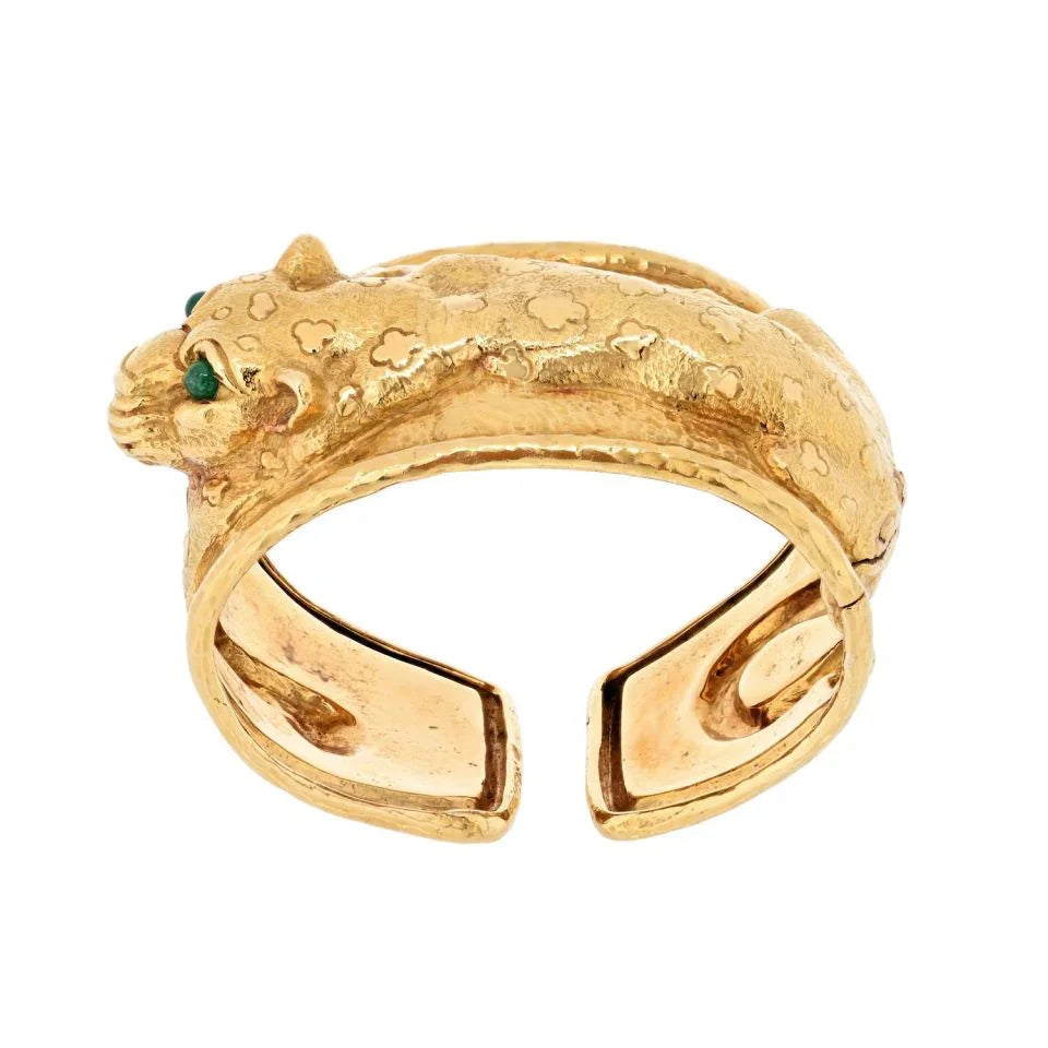 David Webb 18K Yellow Gold Repousee Leopard With Green Emerald Eyes Bracelet — view 3 — Laura Milman New York