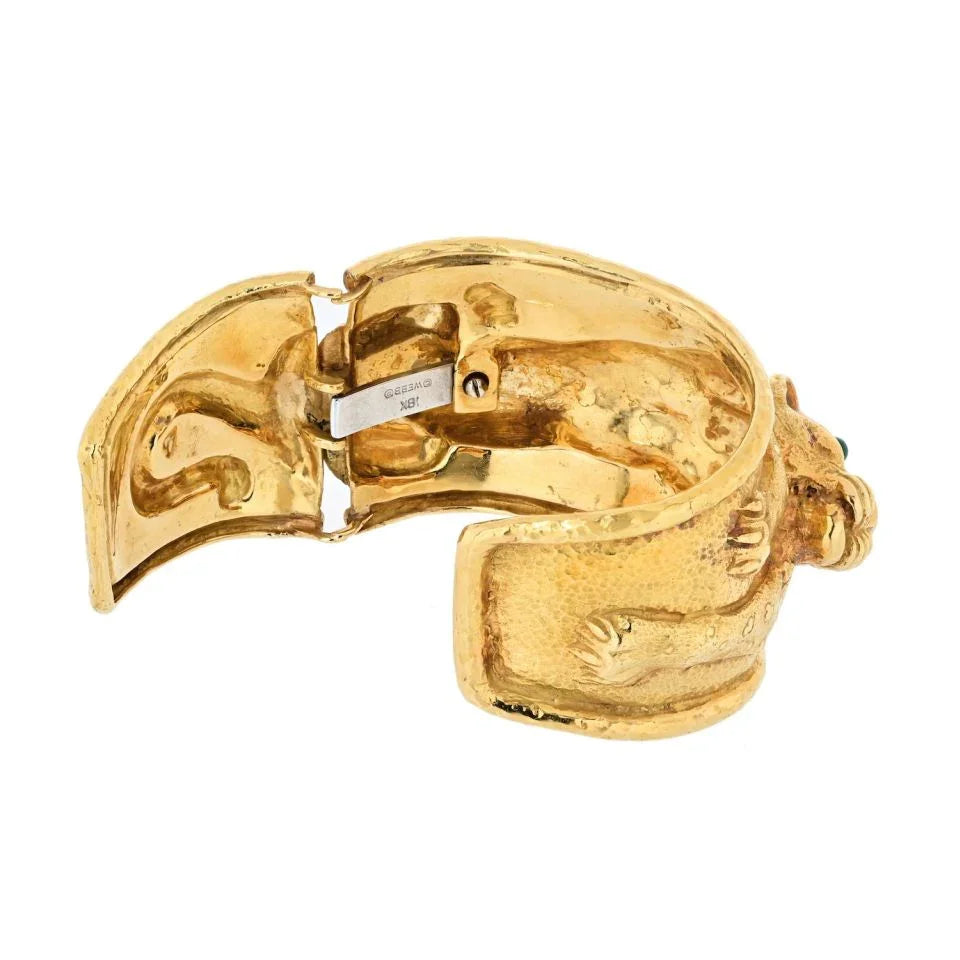 David Webb 18K Yellow Gold Repousee Leopard With Green Emerald Eyes Bracelet — view 4 — Laura Milman New York