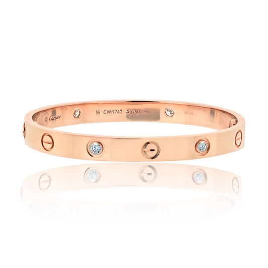 Cartier 18K Rose Gold Love Bangle with Four Diamonds, Size 16