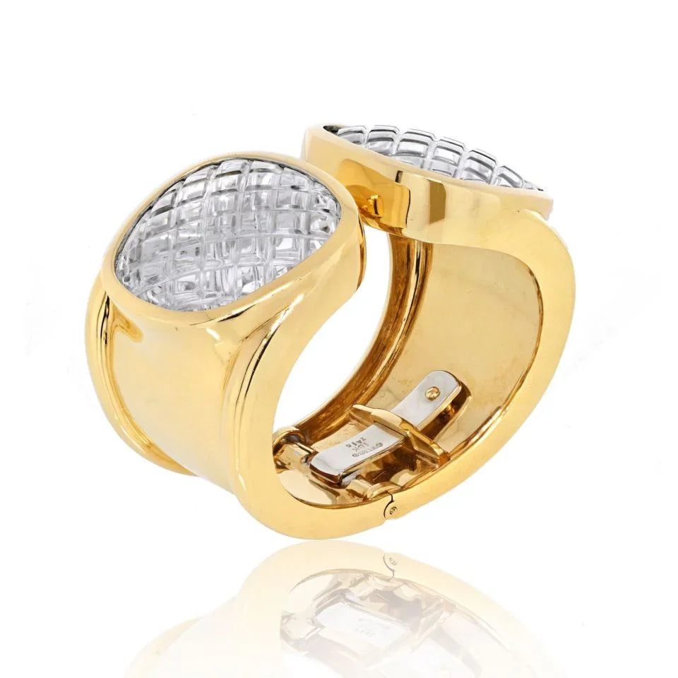 David Webb Platinum & 18K Yellow Gold Rock Crystal Cross Hatched Bracelet — view 2 — Laura Milman New York