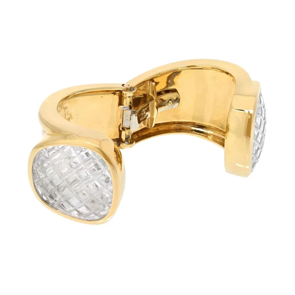 David Webb Platinum & 18K Yellow Gold Rock Crystal Cross Hatched Bracelet — view 4 — Laura Milman New York