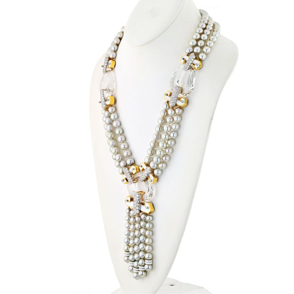 David Webb Pearl Platinum & 18K Yellow Gold Dusk Pearl Rock Crystal Diamond White Enamel Necklace — view 2 — Laura Milman New York