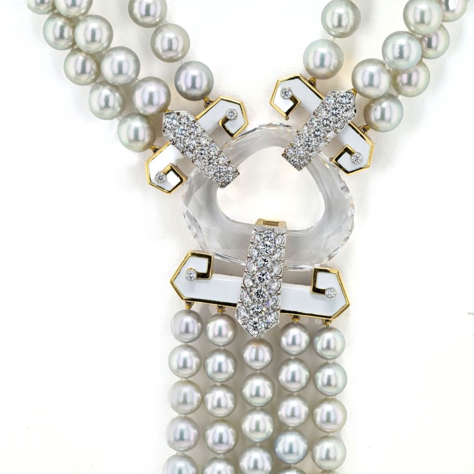 David Webb Pearl Platinum & 18K Yellow Gold Dusk Pearl Rock Crystal Diamond White Enamel Necklace — view 3 — Laura Milman New York