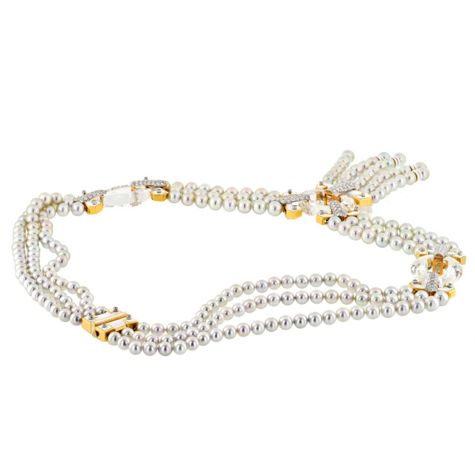 David Webb Pearl Platinum & 18K Yellow Gold Dusk Pearl Rock Crystal Diamond White Enamel Necklace — view 5 — Laura Milman New York