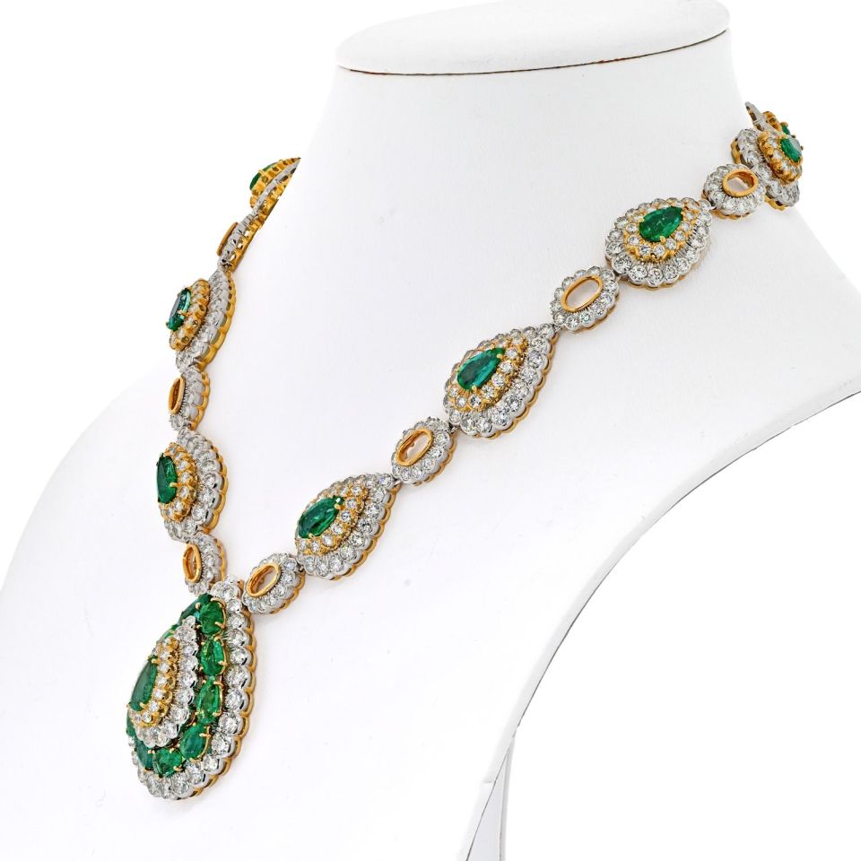 David Webb Emerald Platinum & 18K Yellow Gold Pear Shaped Green Emerald And Diamond Vintage Necklace — view 2 — Laura Milman New York