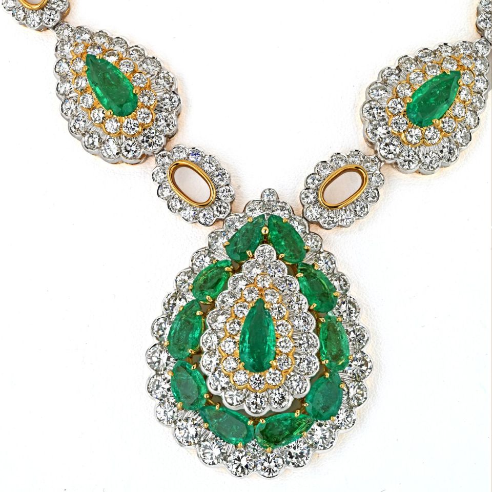 David Webb Emerald Platinum & 18K Yellow Gold Pear Shaped Green Emerald And Diamond Vintage Necklace — view 3 — Laura Milman New York