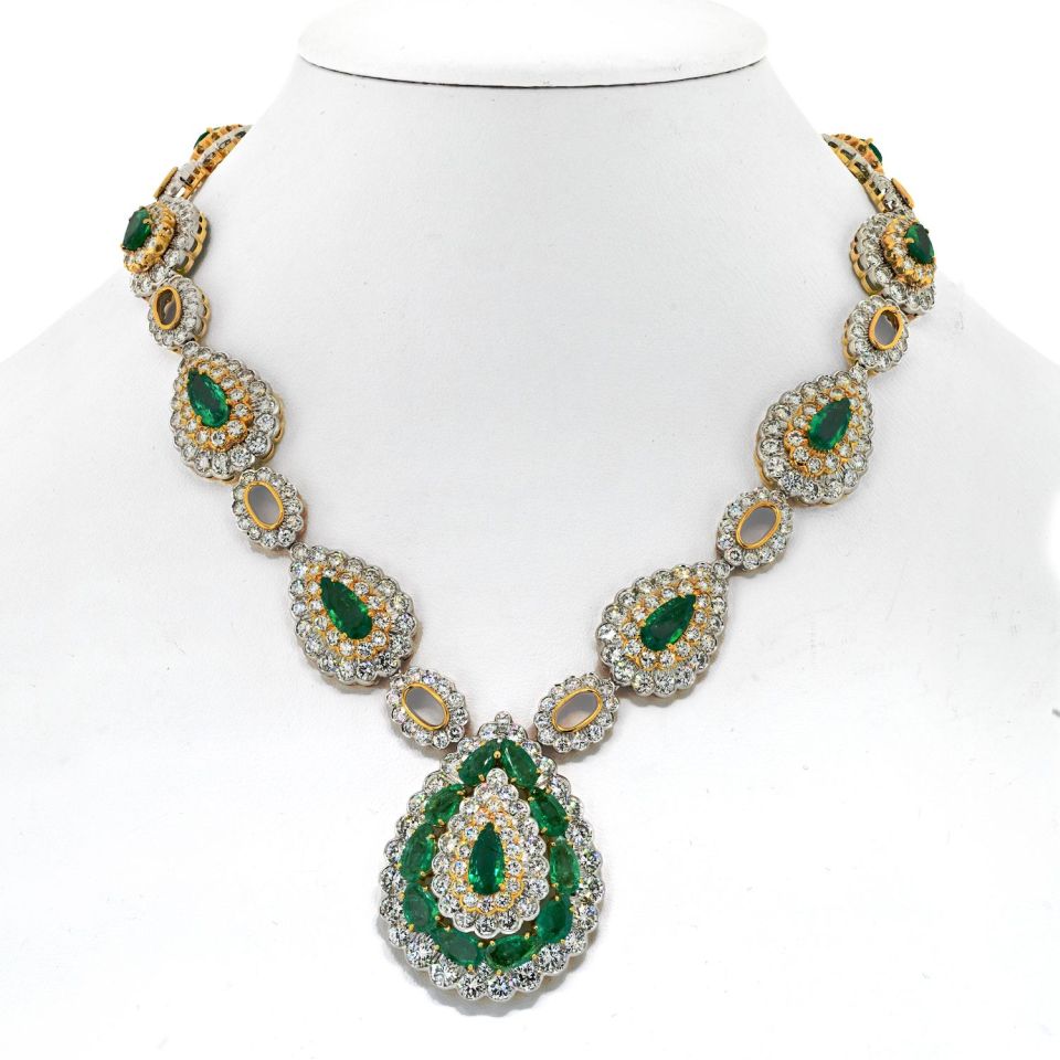David Webb Emerald Platinum & 18K Yellow Gold Pear Shaped Green Emerald And Diamond Vintage Necklace — Laura Milman New York