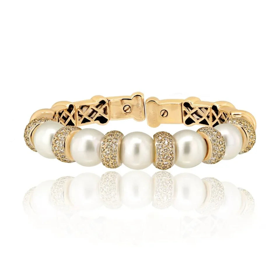 Bvlgari 18K White Gold Diamond And Pearl Cuff Bangle Bracelet — view 3 — Laura Milman New York