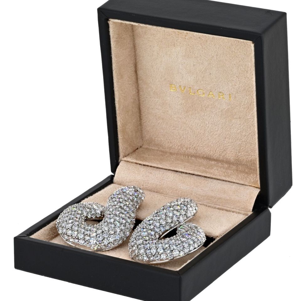 Bvlgari 18K White Gold 45 Carat Pave Round Cut Diamond Twist Earrings — view 5 — Laura Milman New York
