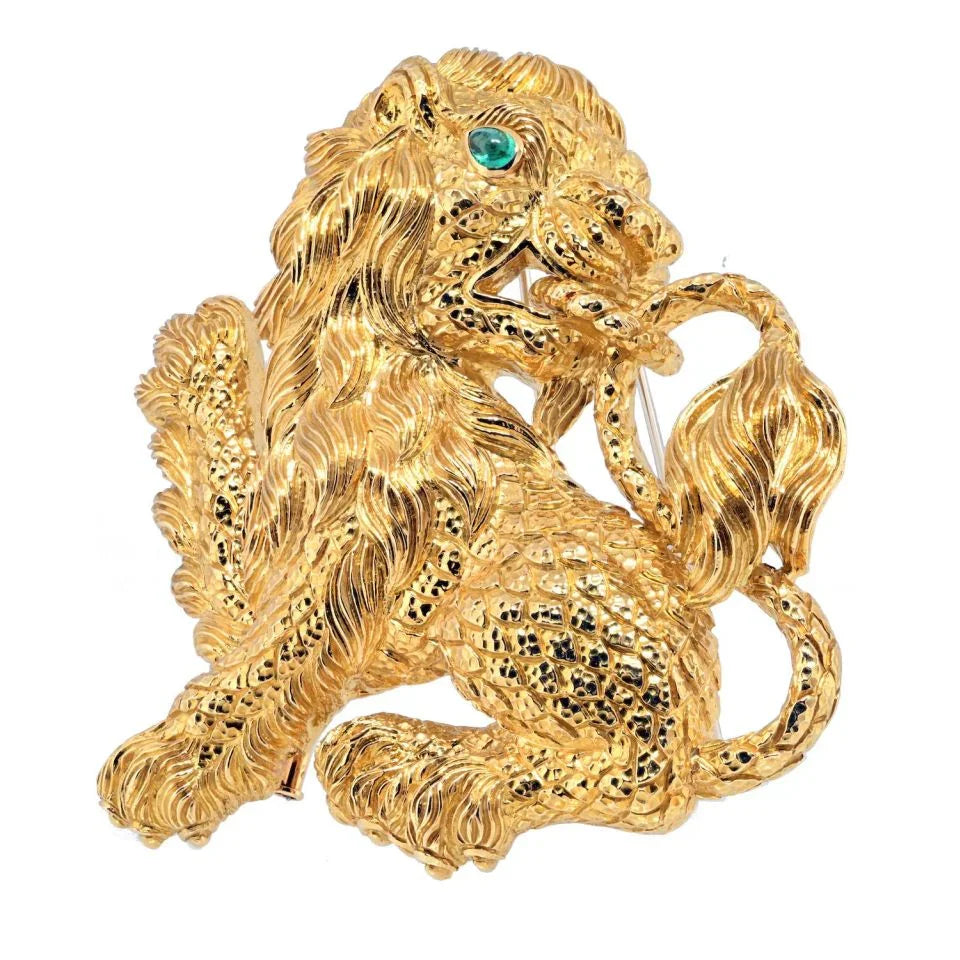 David Webb 18K Yellow Gold Lion With Emerald Eye Brooch — view 2 — Laura Milman New York