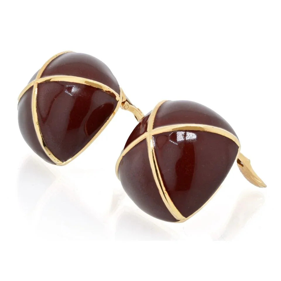 David Webb Yellow Gold Large Square Cushion Brown Enamel Clip-Ons Earrings — view 2 — Laura Milman New York