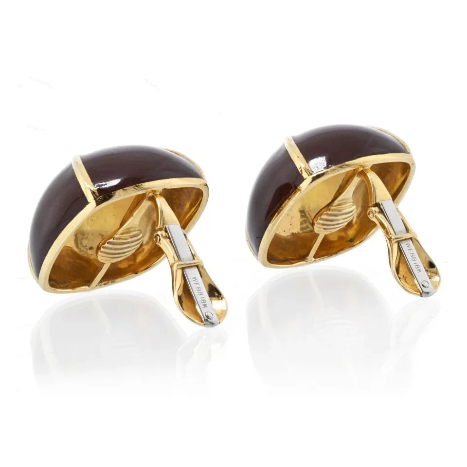 David Webb Yellow Gold Large Square Cushion Brown Enamel Clip-Ons Earrings — view 3 — Laura Milman New York