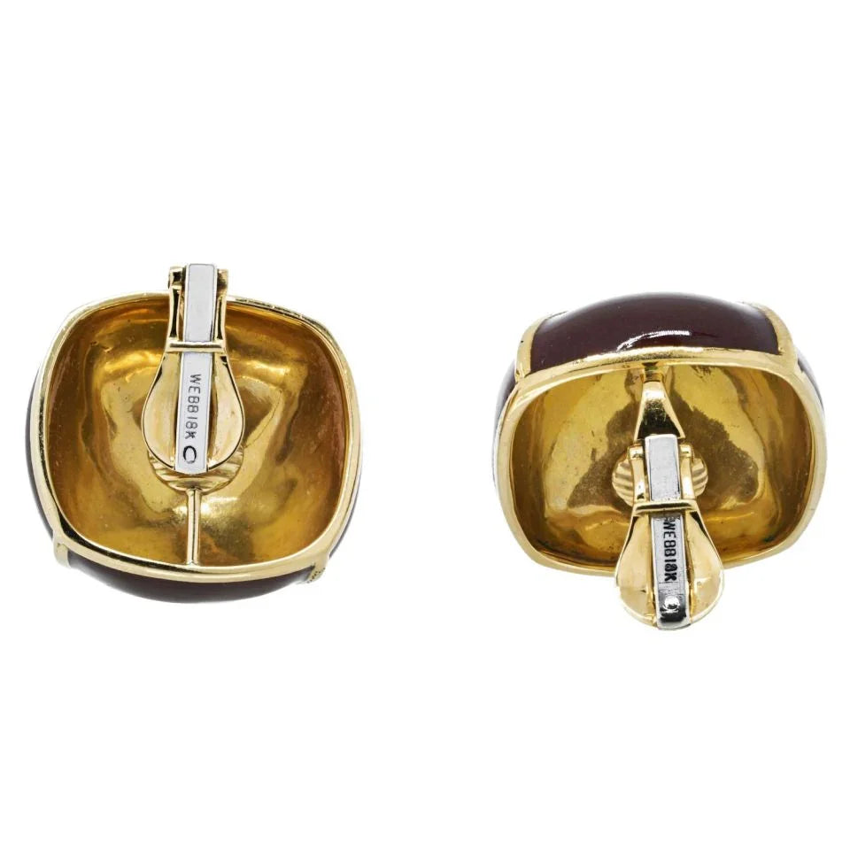 David Webb Yellow Gold Large Square Cushion Brown Enamel Clip-Ons Earrings — view 4 — Laura Milman New York