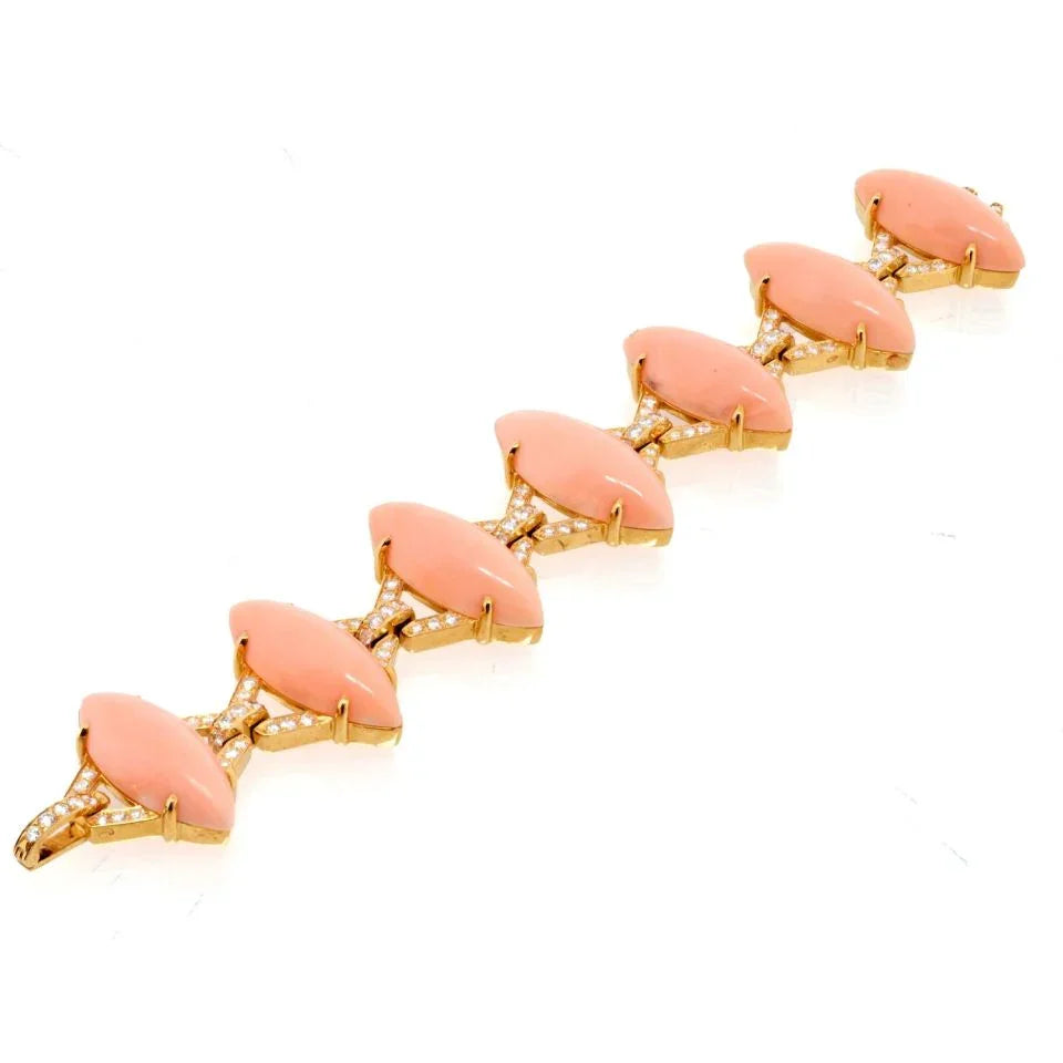 David Webb Platinum & 18K Yellow Gold Marquise Coral And 5.00cttw Diamond Bracelet — view 3 — Laura Milman New York