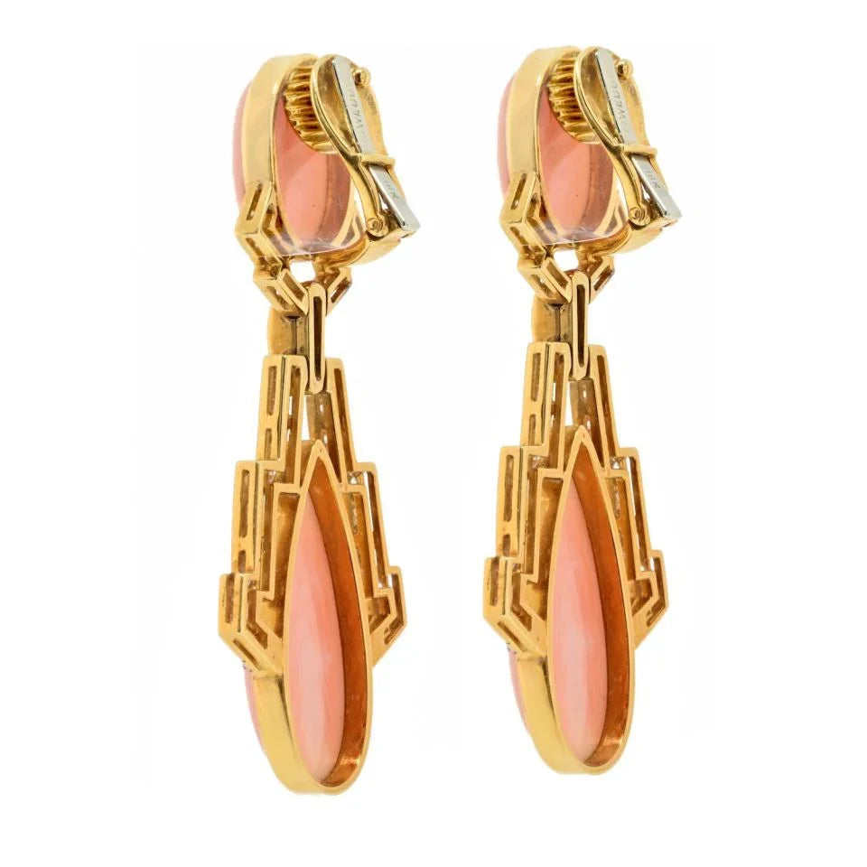 David Webb Platinum & 18K Yellow Gold Coral And 4.00cttw Diamond Drop Earrings — view 3 — Laura Milman New York