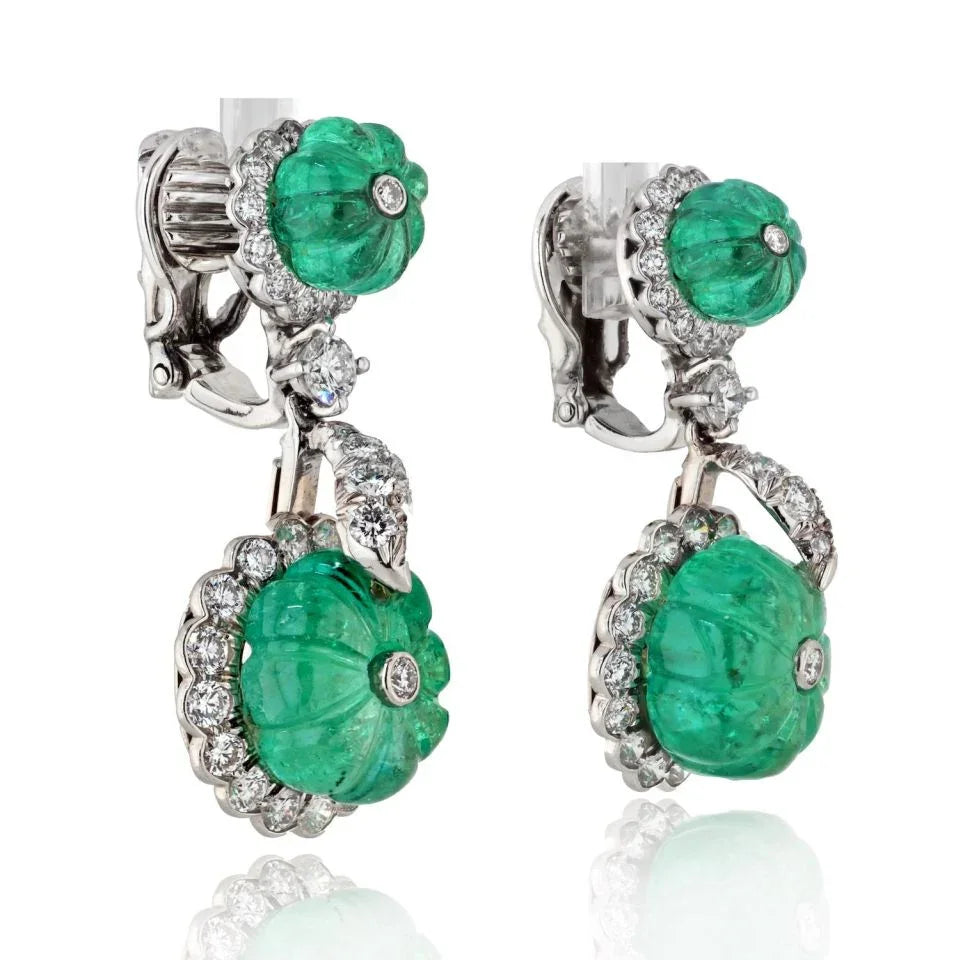 David Webb Platinum Carved Green Emerald And Diamond Drop Earrings — view 2 — Laura Milman New York