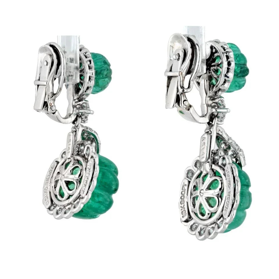 David Webb Platinum Carved Green Emerald And Diamond Drop Earrings — view 3 — Laura Milman New York
