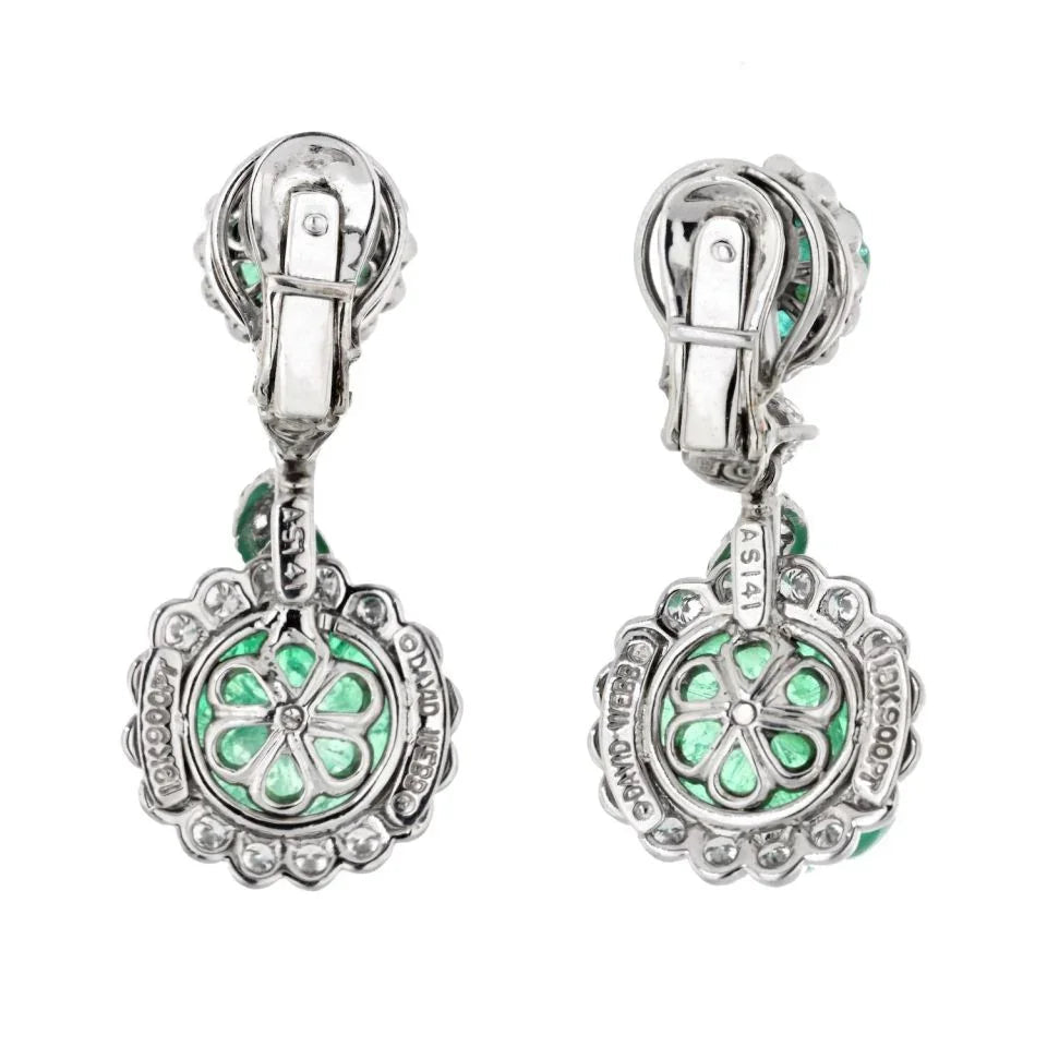 David Webb Platinum Carved Green Emerald And Diamond Drop Earrings — view 4 — Laura Milman New York