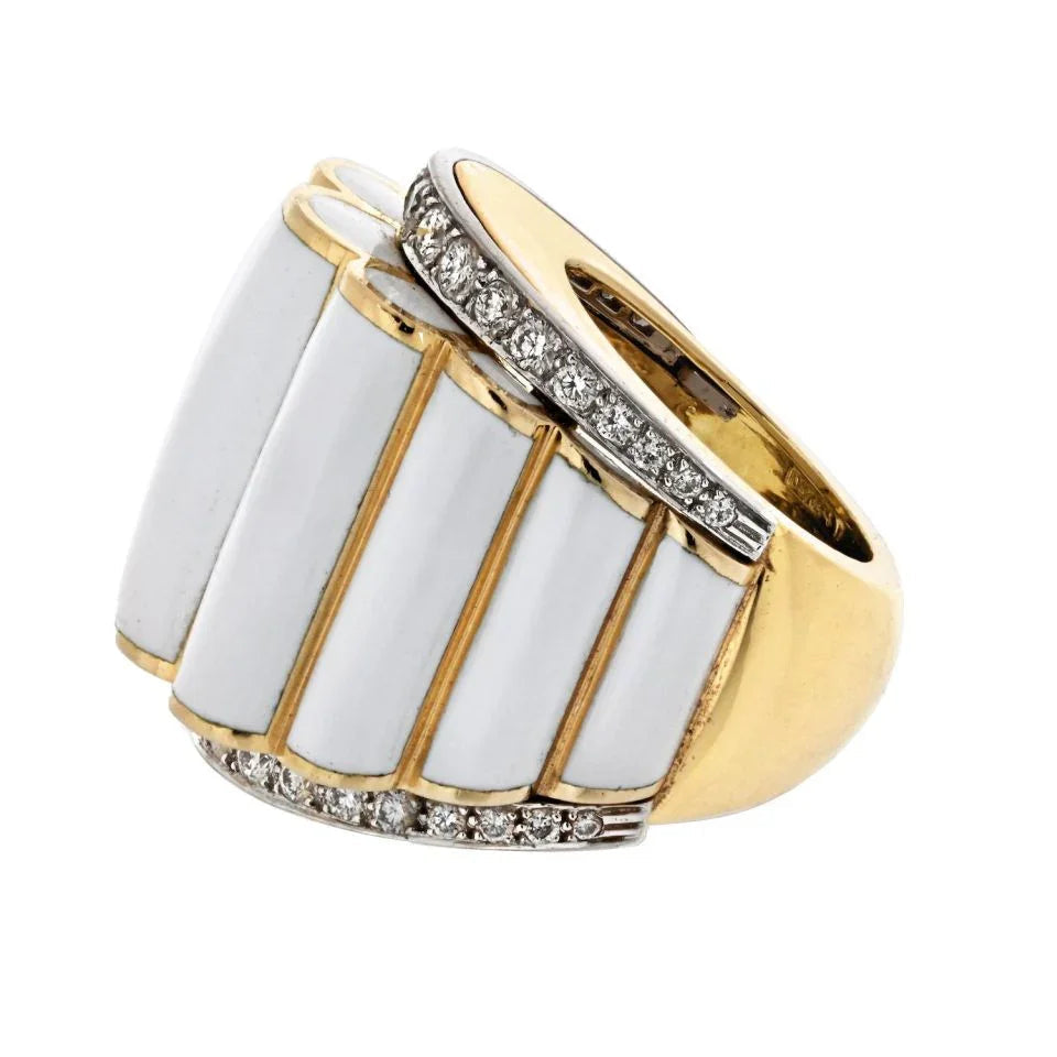 David Webb Platinum & 18K Yellow Gold White Enamel And Diamond Ring — view 2 — Laura Milman New York
