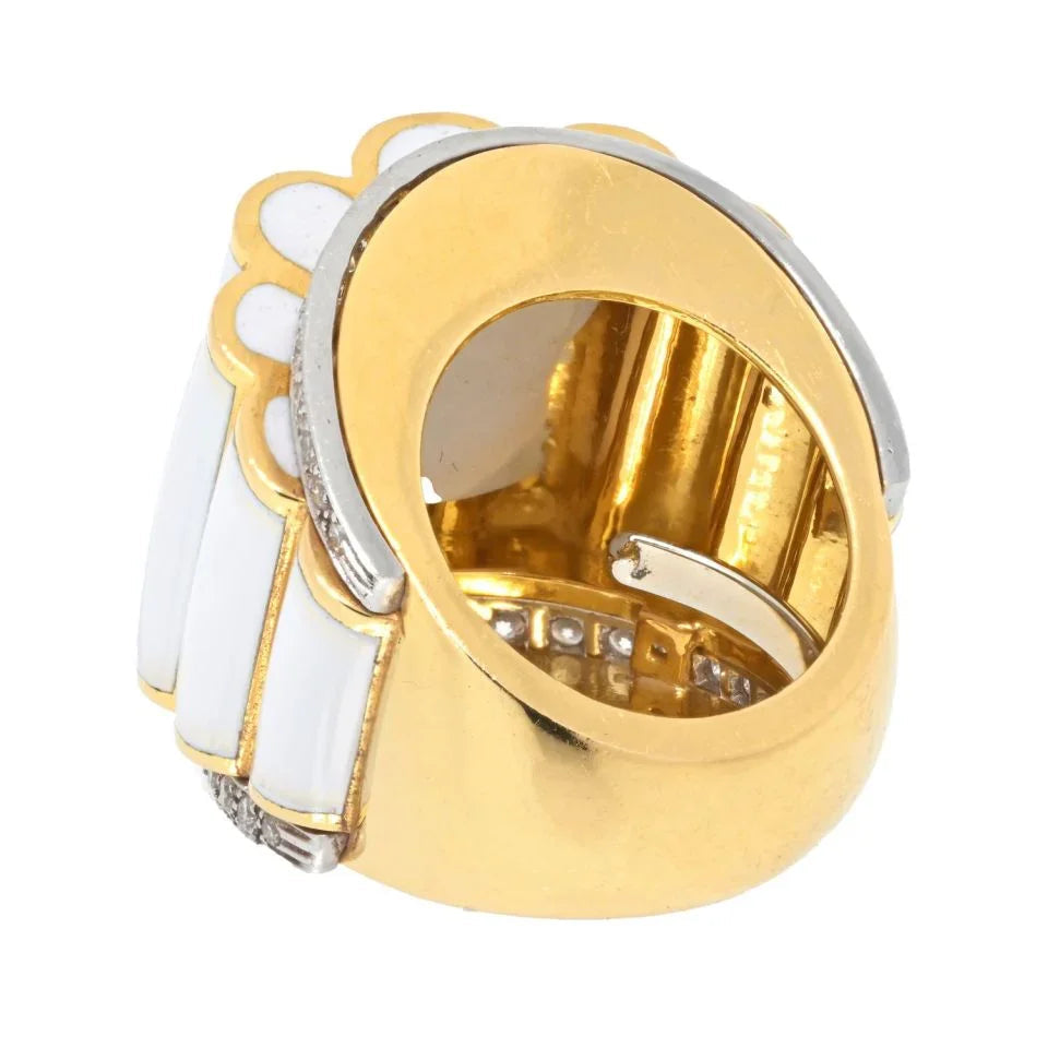 David Webb Platinum & 18K Yellow Gold White Enamel And Diamond Ring — view 3 — Laura Milman New York