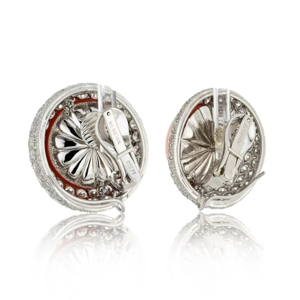 David Webb 18K White Gold 12.50cttw Round Button Coral And Daimond Clip Earrings — view 3 — Laura Milman New York