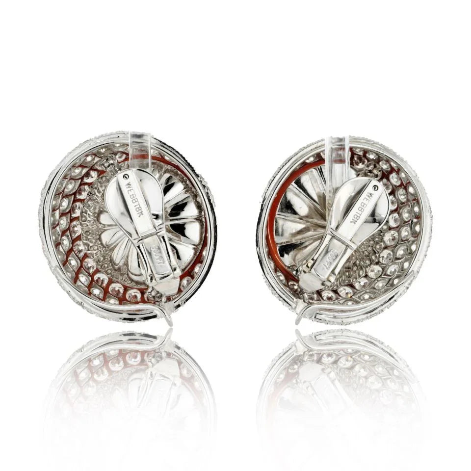David Webb 18K White Gold 12.50cttw Round Button Coral And Daimond Clip Earrings — view 4 — Laura Milman New York
