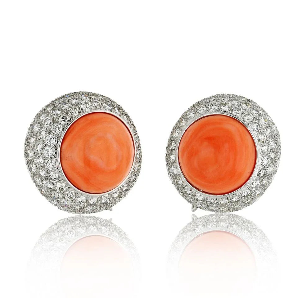 David Webb 18K White Gold 12.50cttw Round Button Coral And Daimond Clip Earrings — Laura Milman New York