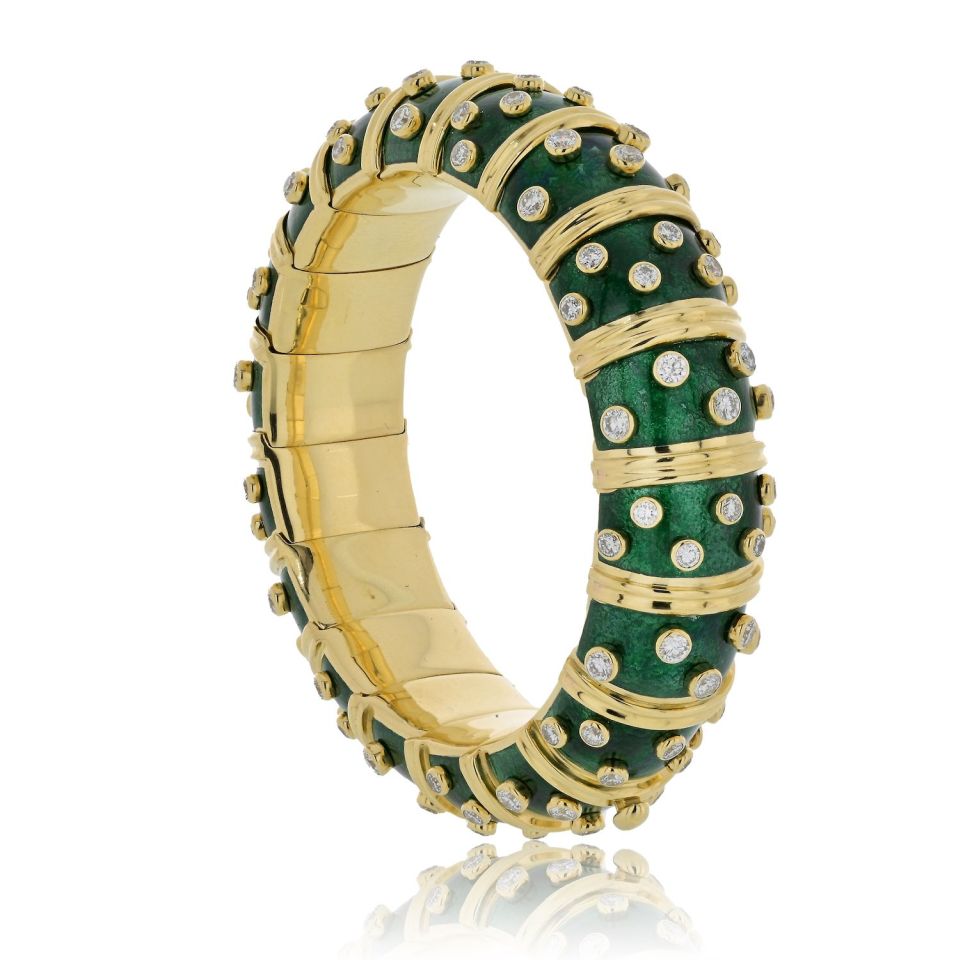 Tiffany Schlumberger 18K Gold Platinum Green Enamel Diamond Bangle