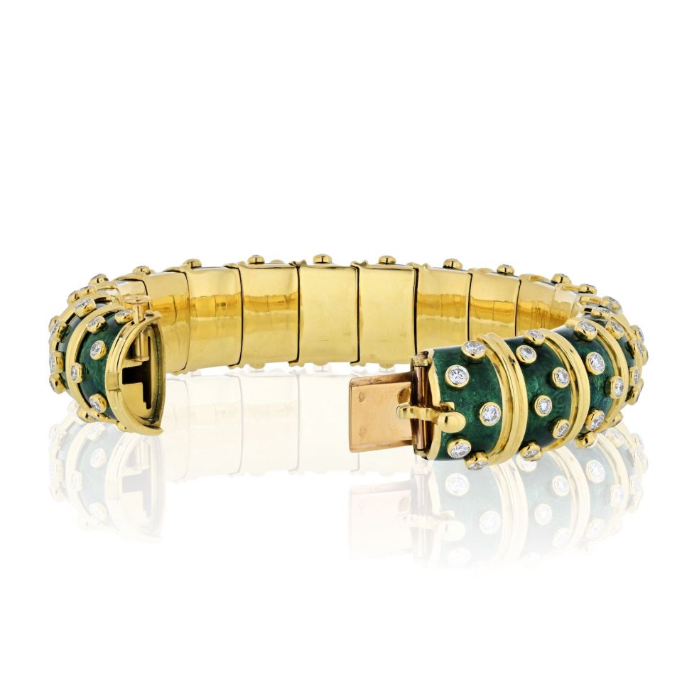 Tiffany Schlumberger 18K Gold Platinum Green Enamel Diamond Bangle