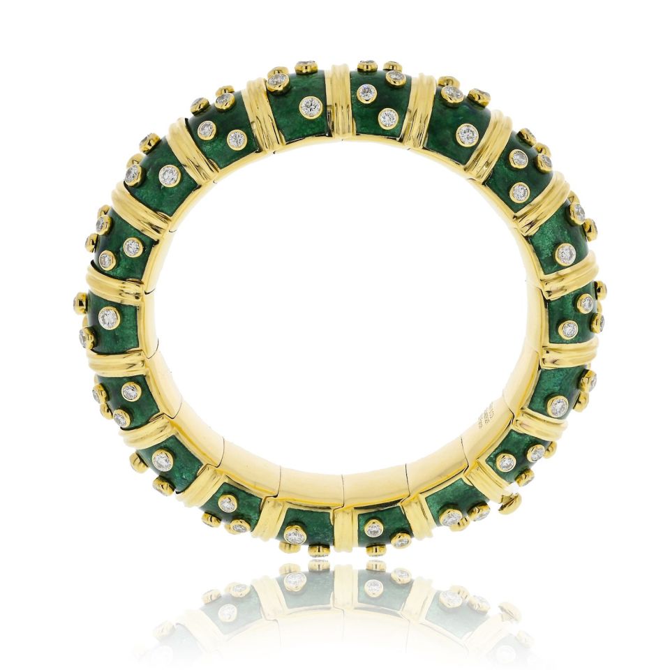 Tiffany Schlumberger 18K Gold Platinum Green Enamel Diamond Bangle