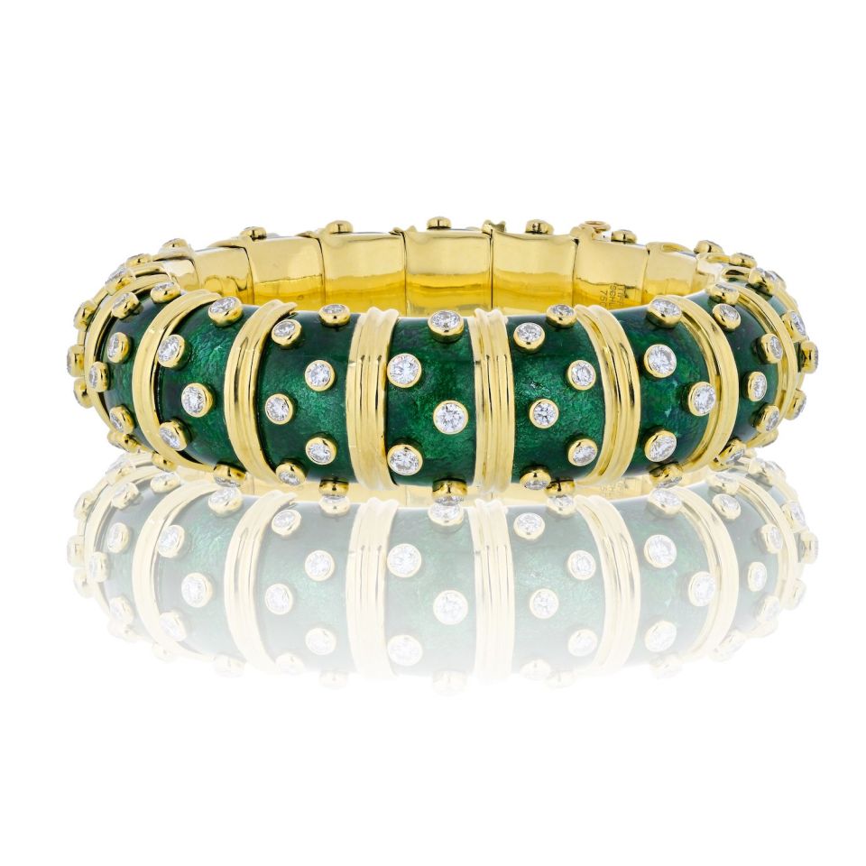 Tiffany Schlumberger 18K Gold Platinum Green Enamel Diamond Bangle