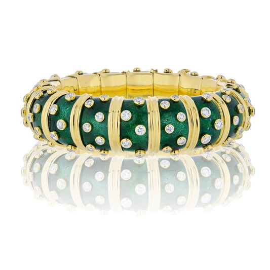 Tiffany Schlumberger 18K Gold Platinum Green Enamel Diamond Bangle