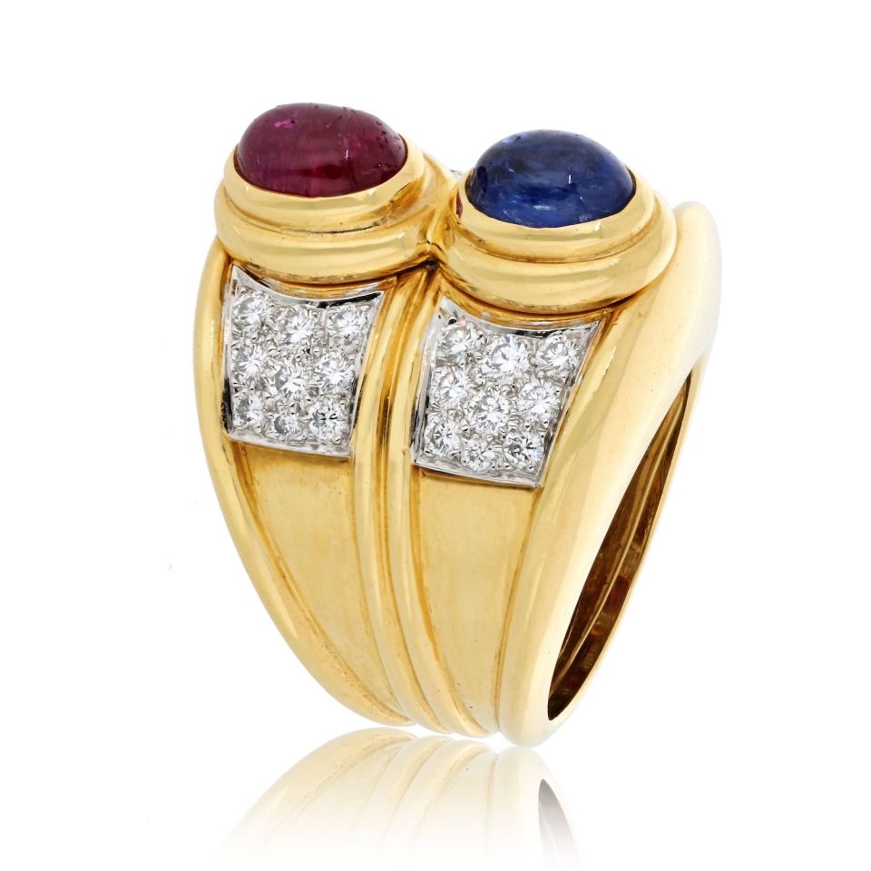 David Webb Platinum & 18K Yellow Gold Diamond Sapphire And Ruby Ring — view 2 — Laura Milman New York