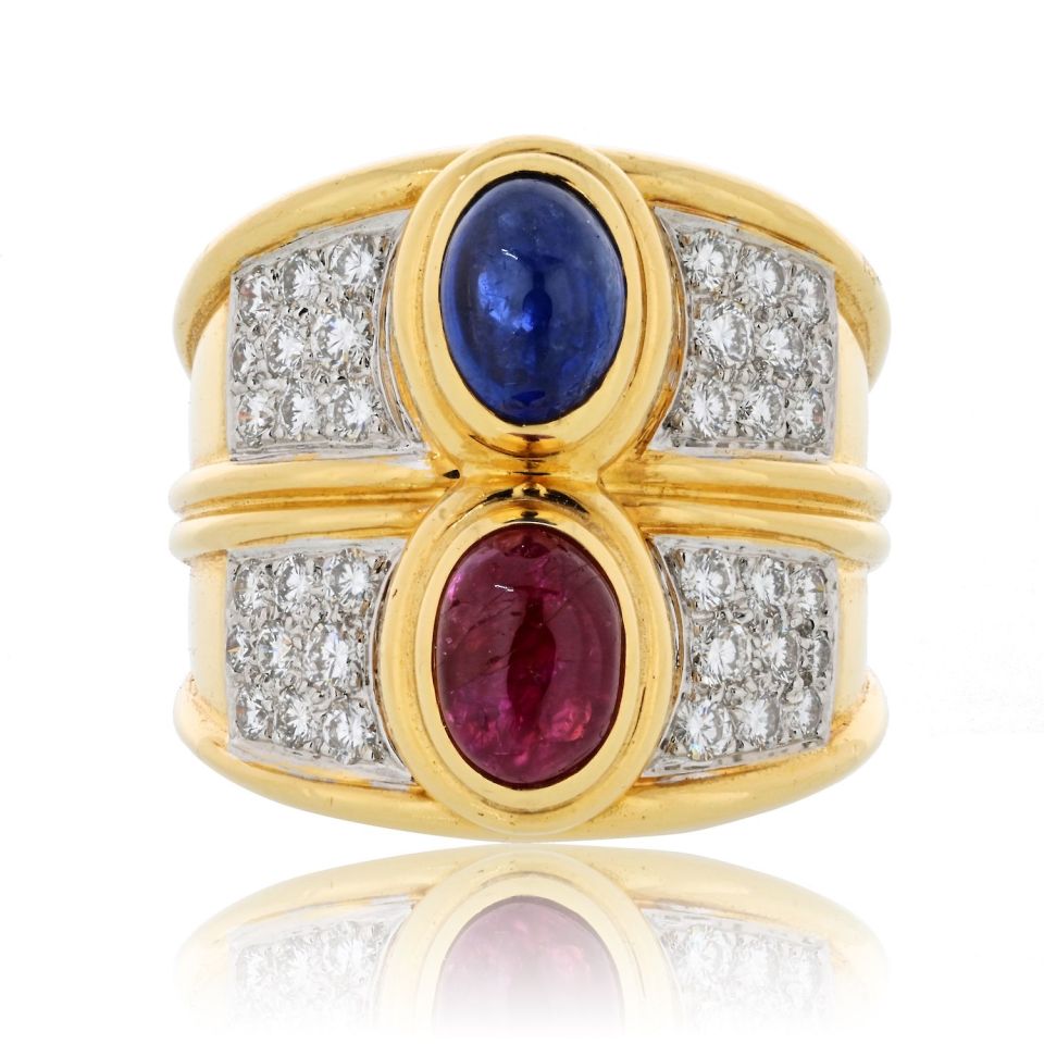 David Webb Platinum & 18K Yellow Gold Diamond Sapphire And Ruby Ring — Laura Milman New York
