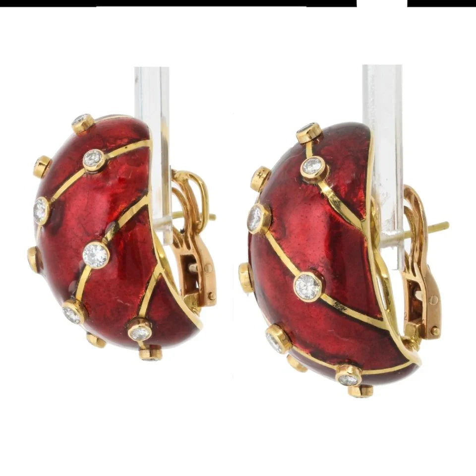 Tiffany & Co. Schlumberger Platinum & 18K Yellow Gold Red Enamel Diamond Earrings — view 2 — Laura Milman New York