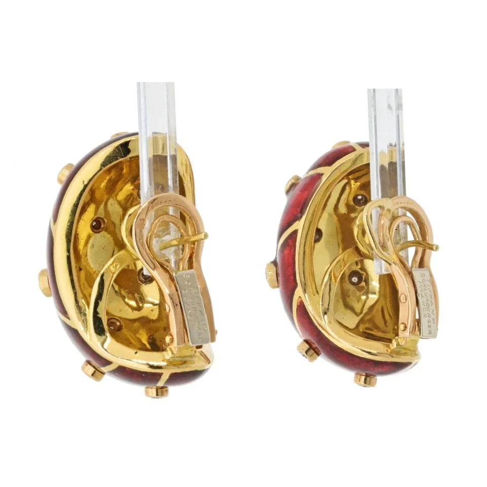 Tiffany & Co. Schlumberger Platinum & 18K Yellow Gold Red Enamel Diamond Earrings — view 3 — Laura Milman New York