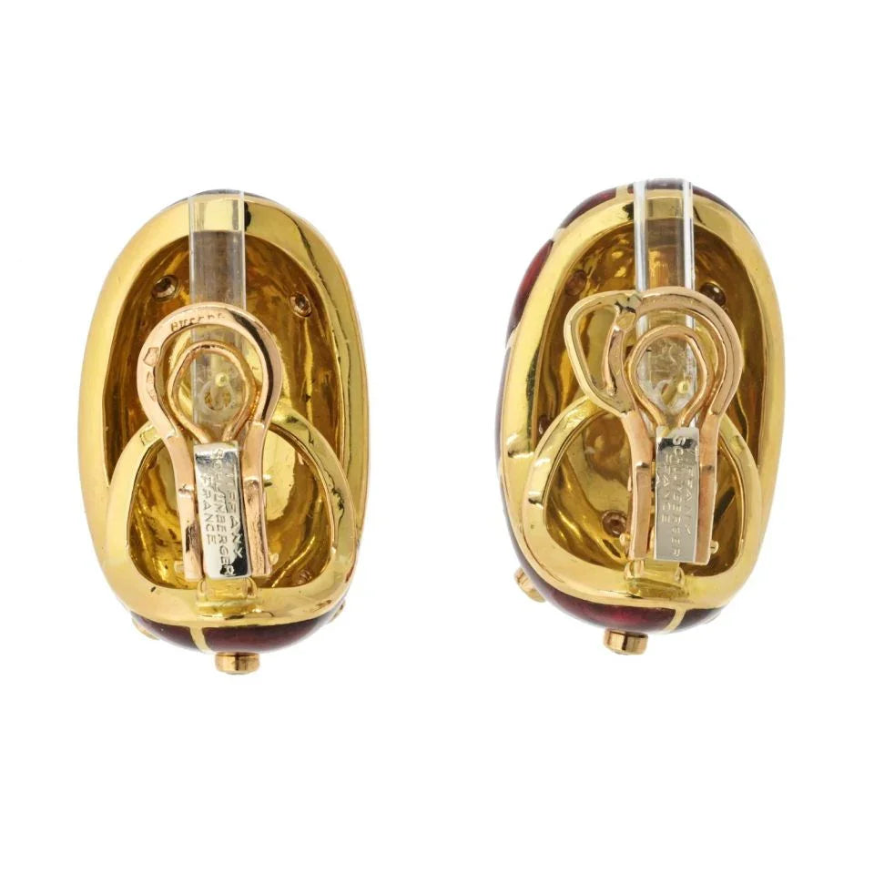 Tiffany & Co. Schlumberger Platinum & 18K Yellow Gold Red Enamel Diamond Earrings — view 4 — Laura Milman New York