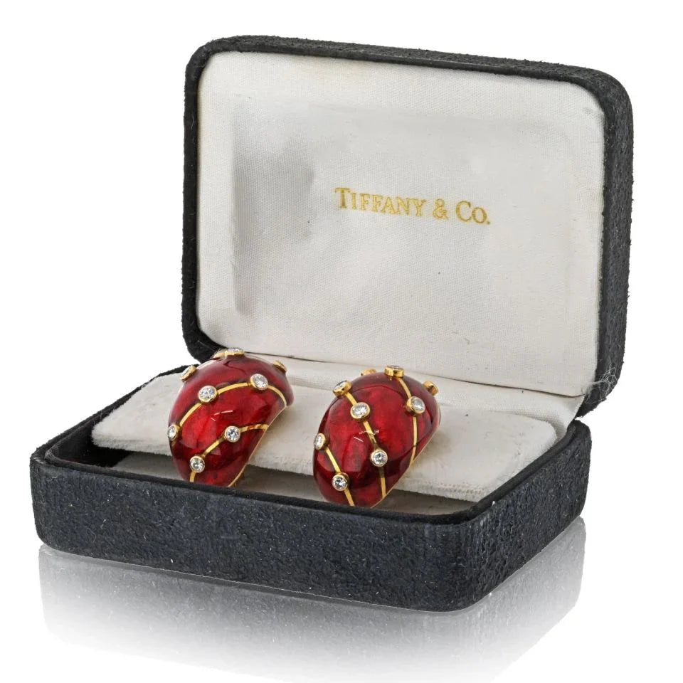 Tiffany & Co. Schlumberger Platinum & 18K Yellow Gold Red Enamel Diamond Earrings — view 5 — Laura Milman New York