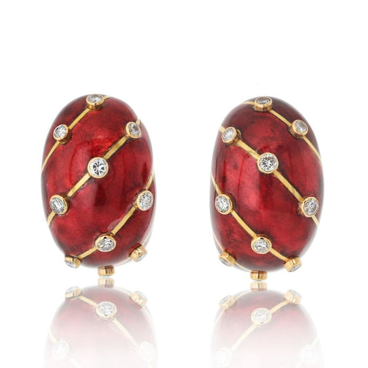 Tiffany Schlumberger 18K Gold Platinum Red Enamel Diamond Earrings
