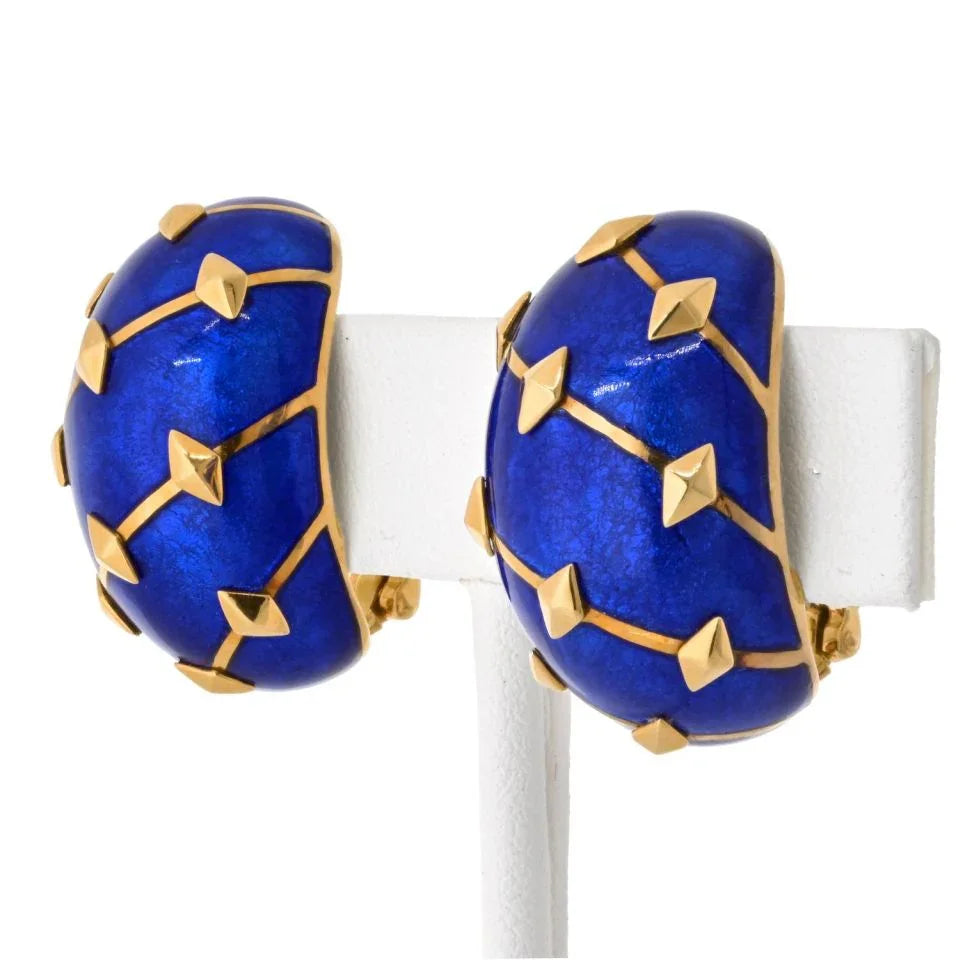 Tiffany & Co. Schlumberger Platinum & 18K Yellow Gold Lozenge Blue Enamel Earrings — view 2 — Laura Milman New York