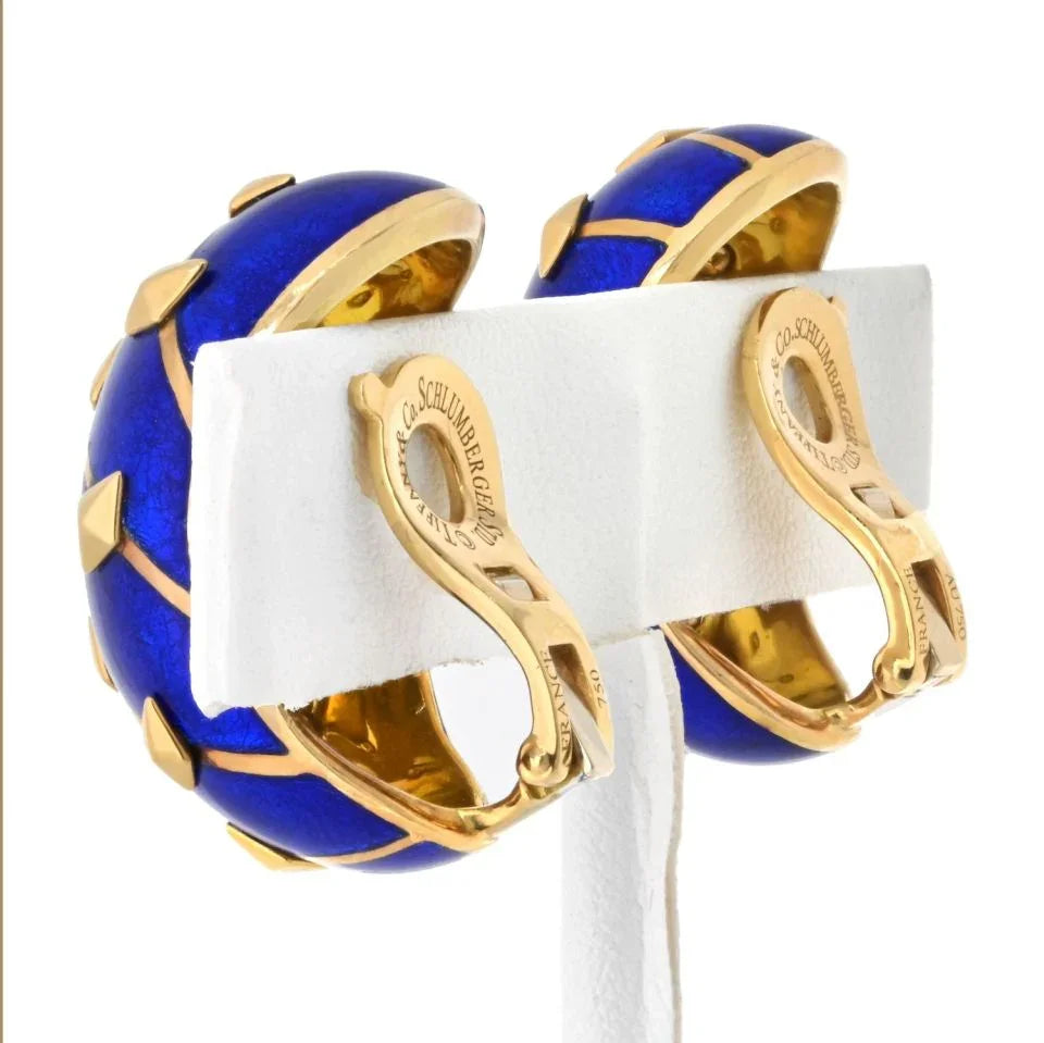 Tiffany & Co. Schlumberger Platinum & 18K Yellow Gold Lozenge Blue Enamel Earrings — view 3 — Laura Milman New York