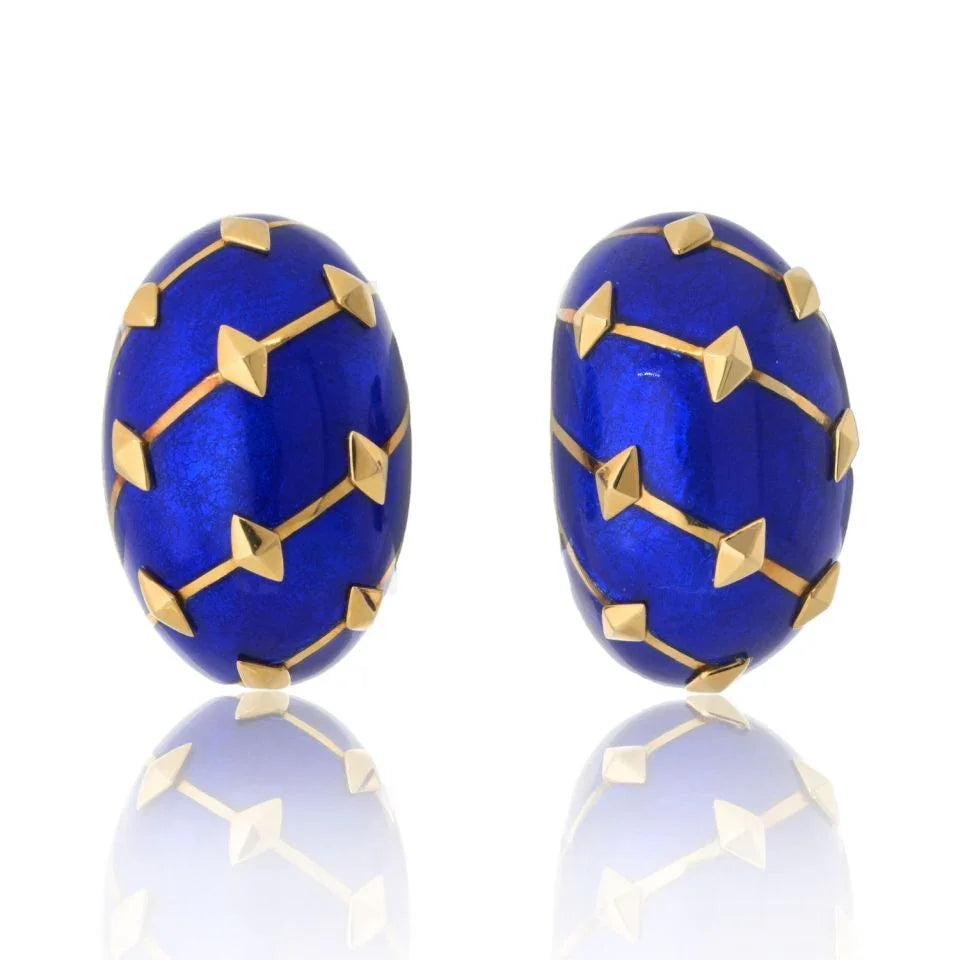 Tiffany & Co. Schlumberger Platinum & 18K Yellow Gold Lozenge Blue Enamel Earrings — Laura Milman New York