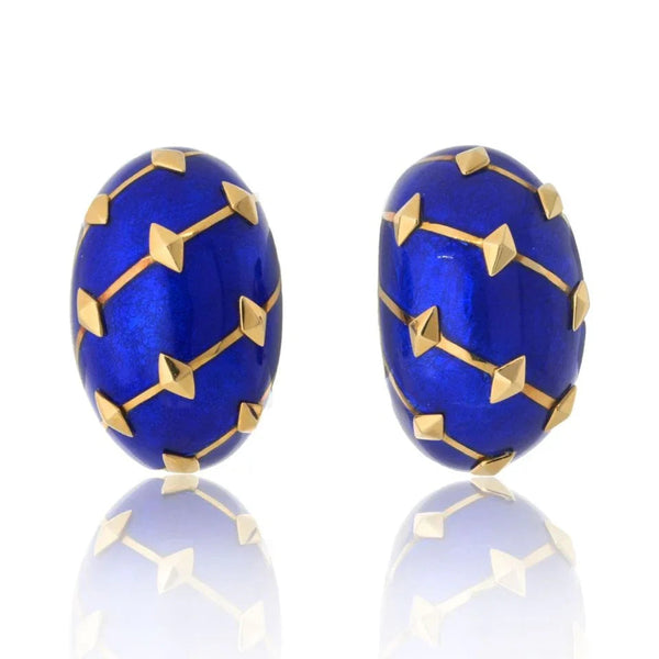 Tiffany & Co. Schlumberger Platinum & 18K Yellow Gold Lozenge Blue Enamel Earrings