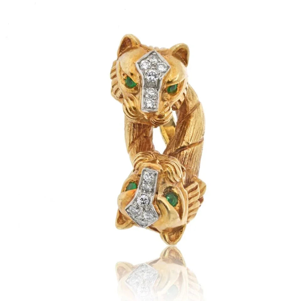 David Webb Platinum & 18K Yellow Gold Double Head Lion Ring — view 2 — Laura Milman New York