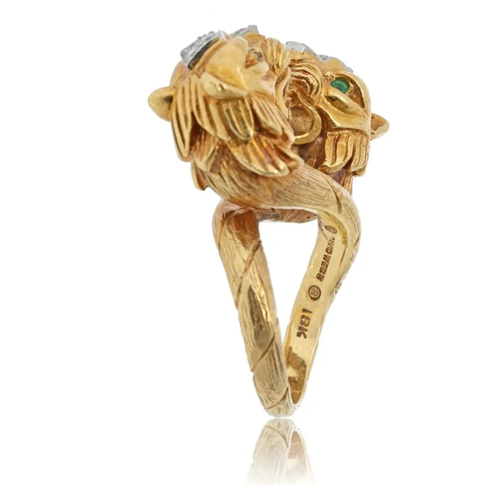 David Webb Platinum & 18K Yellow Gold Double Head Lion Ring — view 3 — Laura Milman New York