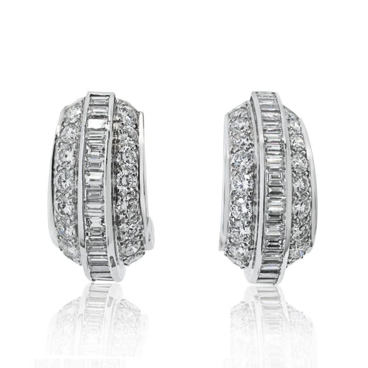 Cartier Platinum Huggie Earrings with 8ct Round and Baguette Diamonds, 23mm