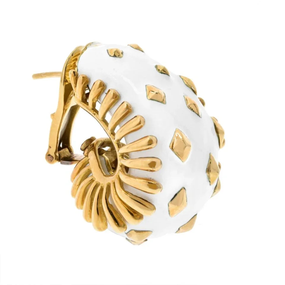 David Webb Bombe Platinum & 18K Yellow Gold Lozenge Detail White Enamel Clip On Earrings — view 2 — Laura Milman New York