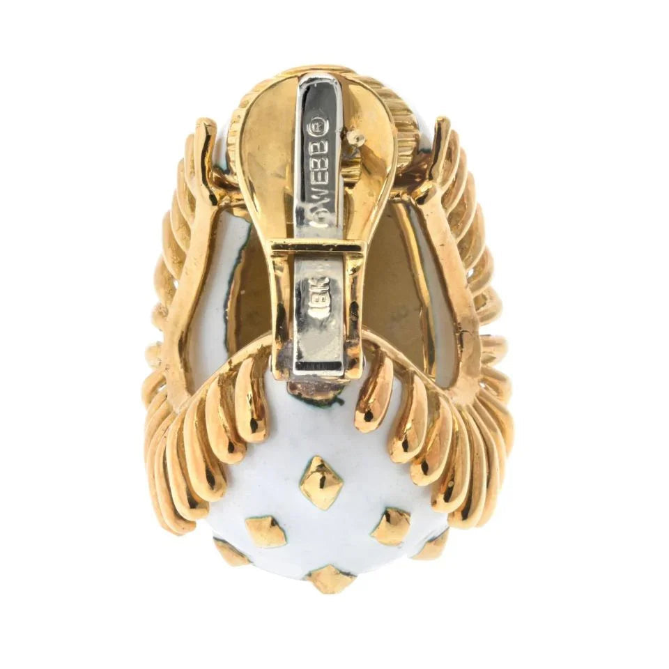 David Webb Bombe Platinum & 18K Yellow Gold Lozenge Detail White Enamel Clip On Earrings — view 4 — Laura Milman New York