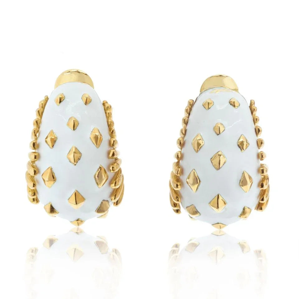 David Webb Bombe Platinum & 18K Yellow Gold Lozenge Detail White Enamel Clip On Earrings — Laura Milman New York