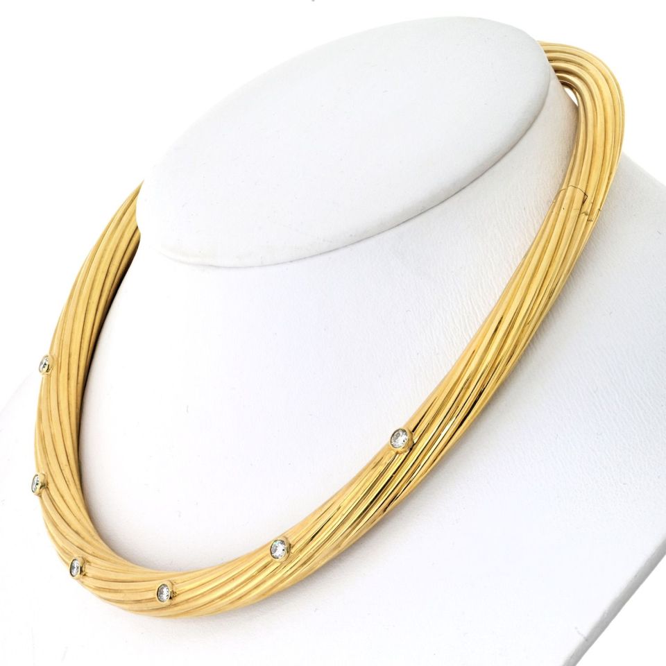 Cartier Collar 18K Yellow Gold Fluted Twist Diamond Choker Necklace — view 4 — Laura Milman New York